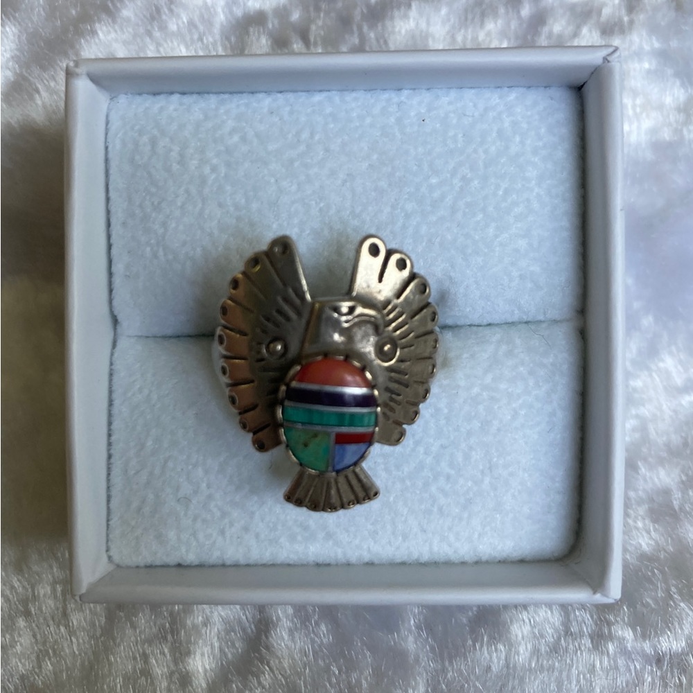 ☘️Rare Vintage Navajo Sterling Inlayed Eagle Ring